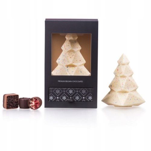  Christmas set: White chocolate Christmas tree and 4 pralines in a black box