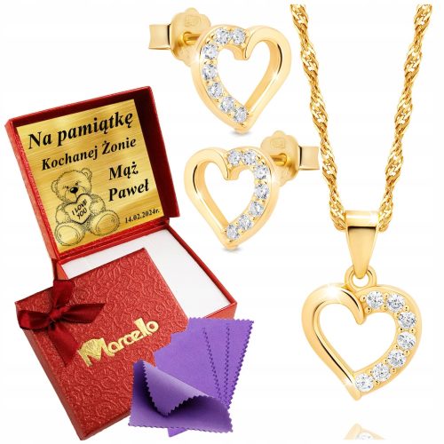  Gold Jewelry Set Necklace Earrings Hearts 925 Engraving FREE GIFT