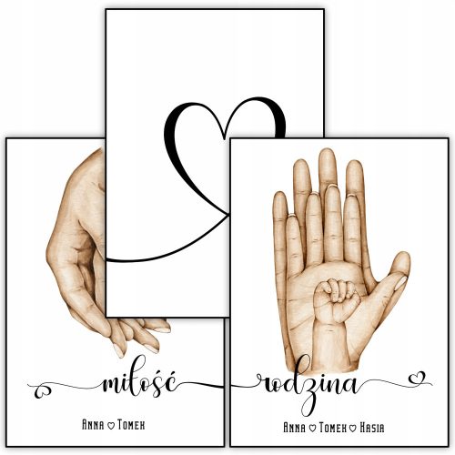 Pictures on the wall 3 x Poster FAMILY HANDS LOVE A3 Name Pattern