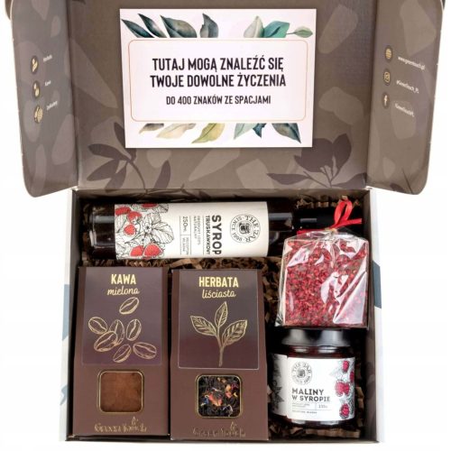  Gift set with tea, coffee, chocolate syrup and raspberries in syrup box