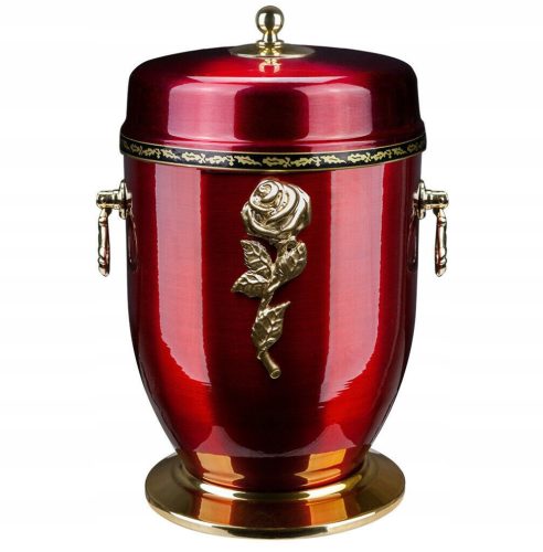 Red metal urn for ashes with a rose, burial urn, cremation urn