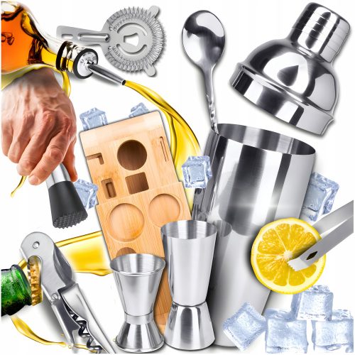 Bartender set for drinks, 11-piece shaker, strainer, jigger, muddler, pourer