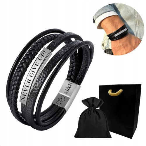  Men's bracelet with ENGRAVING leather SILVER VALENTINE'S DAY + FREE ENGRAVING