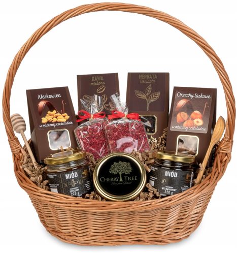  Gift basket set dark with tea, coffee and sweets, honey and jam