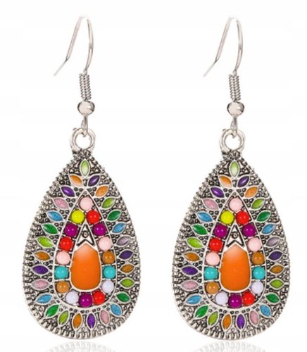  Boho Teardrop Earrings Engraved Multicolor Antique Silver 50mm