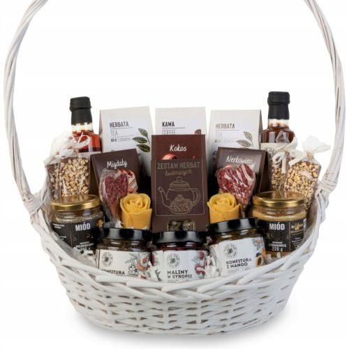  LARGE gift basket white set of flowering teas sweets syrup honey