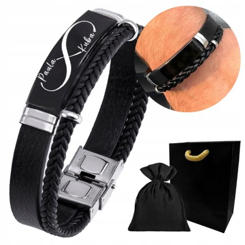  Men's LEATHER bracelet with ENGRAVING black STEEL gift + FREE ENGRAVING