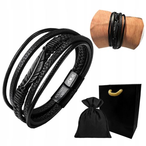  Men's LEATHER bracelet black feather elegant leather + FREE ENGRAVING!