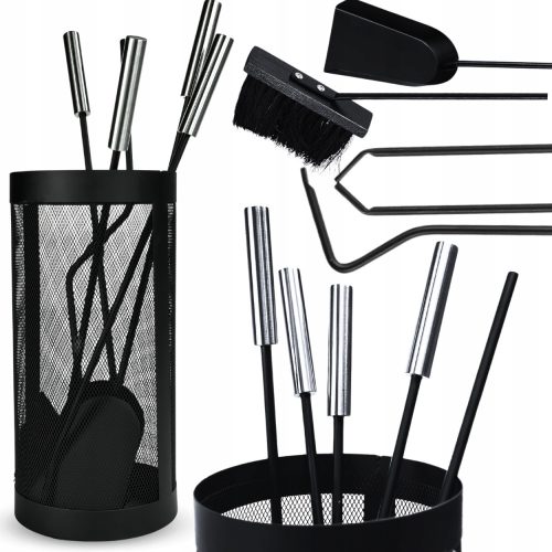 FIREPLACE APPLIANCE SET ACCESSORIES 5 PIECES STAND METAL BASKET SWEEP