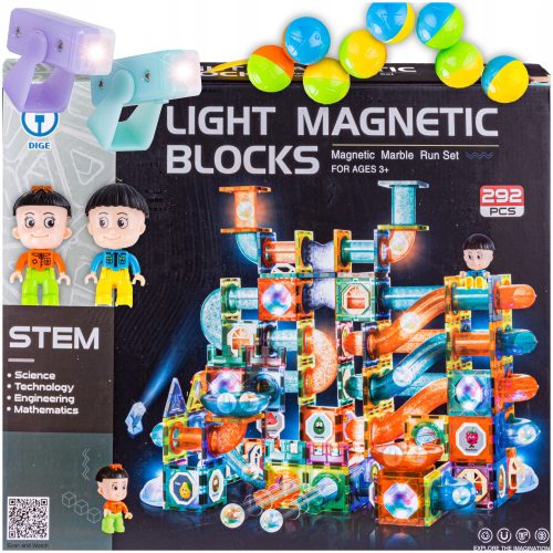  DK magnetic building blocks, luminous magnetic building blocks, marble run, 292 elements, marble run, 292 pieces.