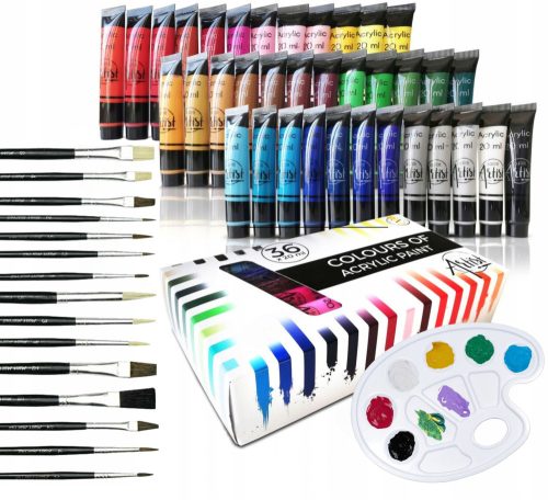  LARGE PAINTING SET ACRYLIC PAINTS 36x20 ml + PALETTE + BRUSHES 15 PCS