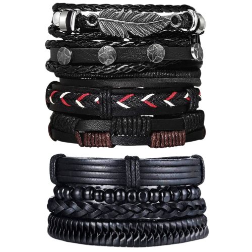  BLACK LEATHER MEN'S BRACELET ELEGANT XXL SET 9 PCS