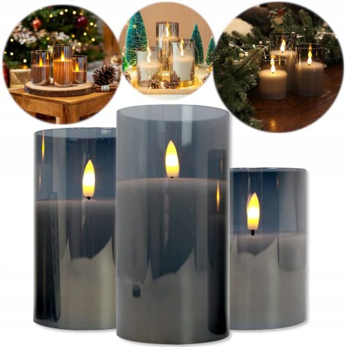  3 DECORATIVE CANDLES, LED GLASS, SMOKE. XXL