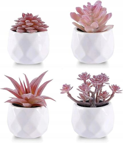 Artificial Flowers and Fruits 4X ARTIFICIAL PINK SMALL FLOWER POTS, WHITE CERAMIC FLOWER POTS