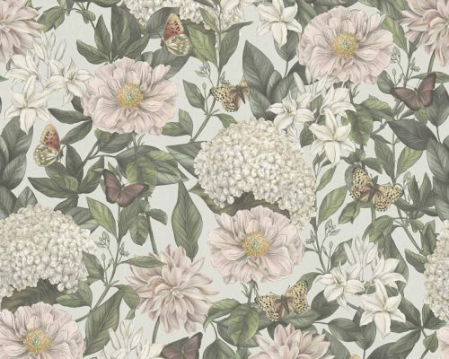 VINTAGE WALLPAPER, LARGE FLOWERS, HYDRENSIONS, BUTTERFLY LEAVES, SCANDINAVIAN STYLE