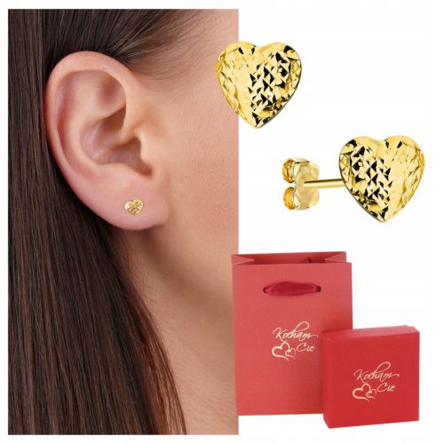  Gold earrings 585 studs HEARTS DIAMOND ENGRAVING FREE AS A GIFT