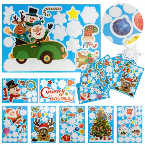  Christmas Window Stickers, Santa Claus, Snowman, Reindeer, Set of 8 Sheets