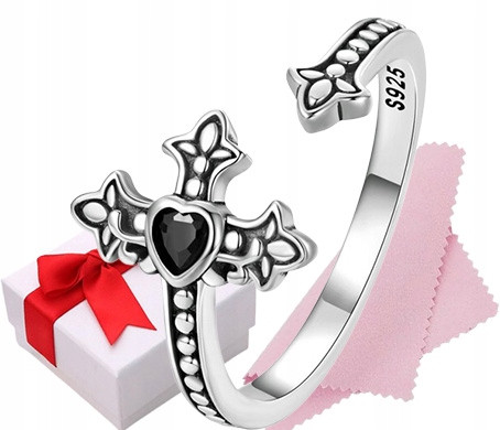  Openwork Black Cross Ring Silver Adjustable S925 + Box