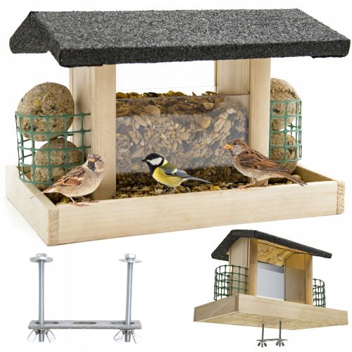  Large wooden feeder, ball house, bird food + balcony handle