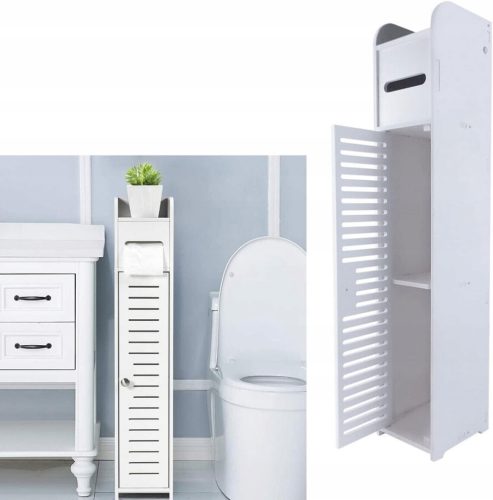 Standing toilet paper cabinet. White narrow shelf with organizer, 81 x 16 x 16 cm