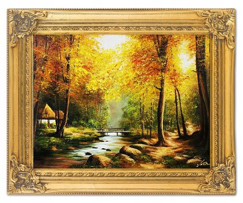 Pictures on the wall: little house between the trees, hand-painted landscape in a gold frame