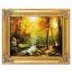 Pictures on the wall: little house between the trees, hand-painted landscape in a gold frame