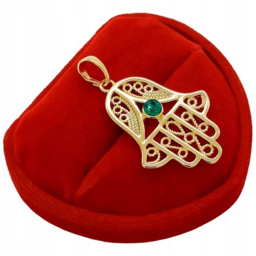  Gold pendant HAND OF FATIMA OPENWORK EMERALD EYE ELEGANT AMULET