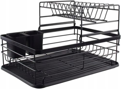  LARGE STANDING BLACK DISH DRYER, DOUBLE LEVEL, WITH ONE TRAY