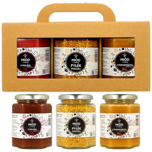  Gift set with bee pollen and two flavored honeys 3x280ml
