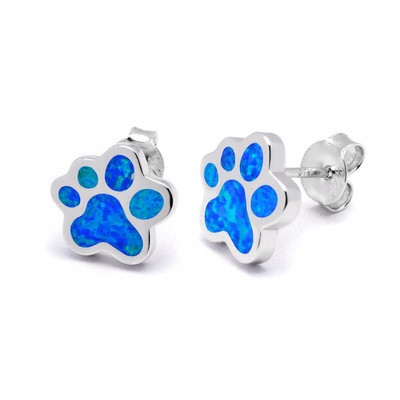  Silver Paw Earrings with Blue Opal