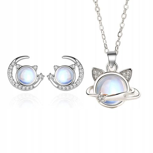  Cat Necklace Earrings 2-Piece Set, Moonlight Stone, S925 Silver