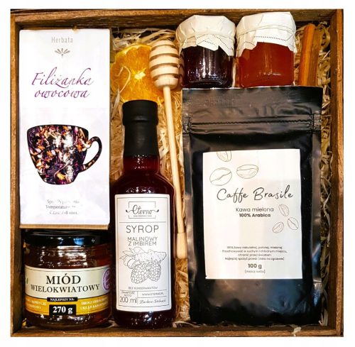  BASKET GIFT BOX GIFT COFFEE TEA JAM HONEY SYRUP RASPBERRY