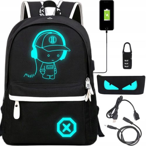 Glow-in-the-Dark Urban Backpack Set with Pencil Case, Lock, USB & Jack Cables