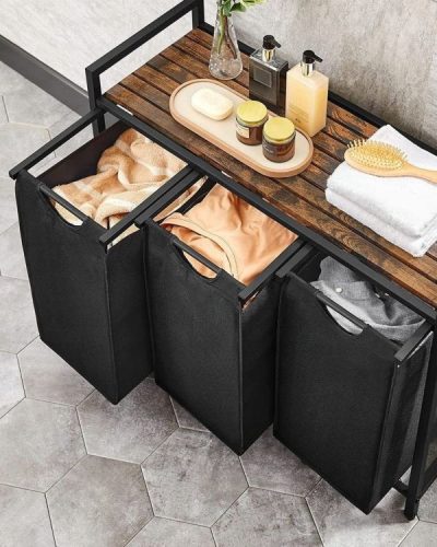 Freestanding laundry basket ihomeyou.pl 114l, black, natural, brown and beige tones