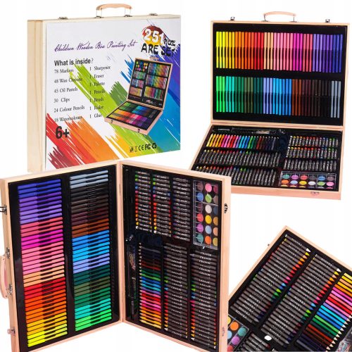  LARGE WOODEN ARTIST SET, MARKERS, COLORED PENCILS, PAINTS, LITTLE ARTIST, 251 pcs