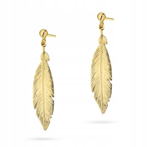  925 GOLD PLATED SILVER EARRINGS Long Hanging Feathers Feathers