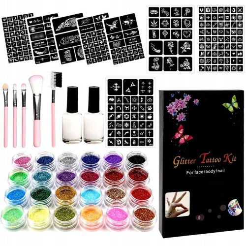  LARGE TATTOO KIT GLITTER TATTOOS STENCILS WASHABLE GLITTER