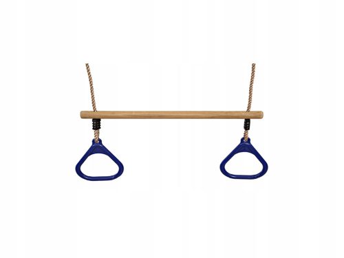 Wooden trapeze bar with triangular blue hoops