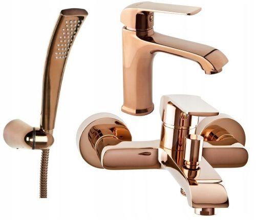 Valvex Aurora rose gold wall-mounted bath and shower mixer white + Valvex ROSE GOLD free-standing washbasin mixer gold