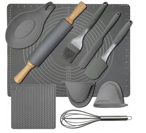 Dough boards and rolling pins silicone set 10 pieces grey 019283 + accessory set for the product SILICONE BOARD