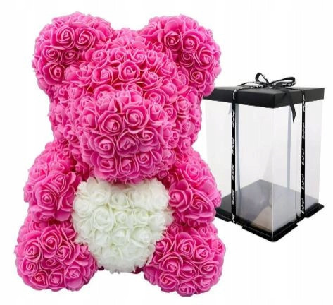 Teddy bear with roses, 40 cm, pink, white heart, Valentine's Day gift, flower box