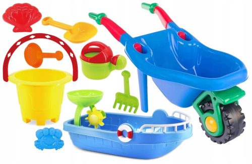 10-piece LARGE SANDBOX SET, WHEELBARROW + BOAT AND ACCESSORIES