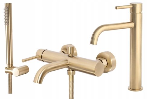 Rea Lungo single-lever wall-mounted bathtub faucet Gold + Rea Lungo stand-alone washbasin faucet Gold