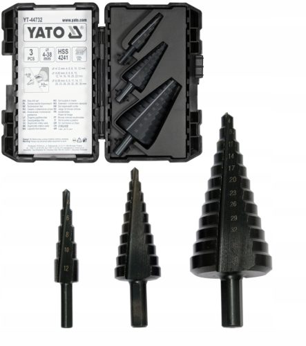 YATO SET HSS4241 CONICAL STEP DRILLS FOR METAL, 3 PIECES. 4-38mm