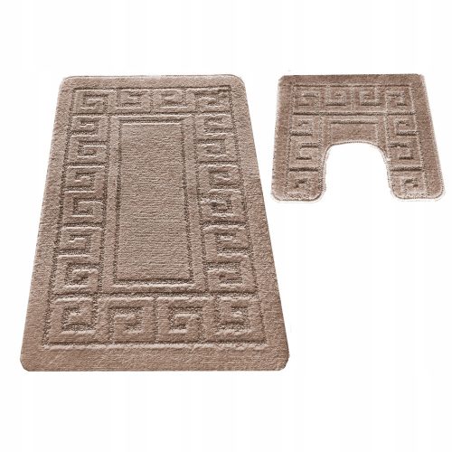 A set of beige bathroom rugs with cutouts