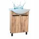 Golden oak standing bathroom cabinet with 60 cm washbasin, glossy shelf