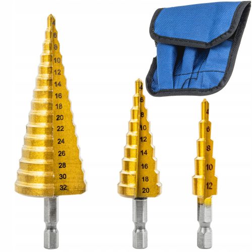 CONICAL STEP DRILLS FOR METAL, WOOD, PLASTIC BLADE, BLADE 4-32 MM HEX