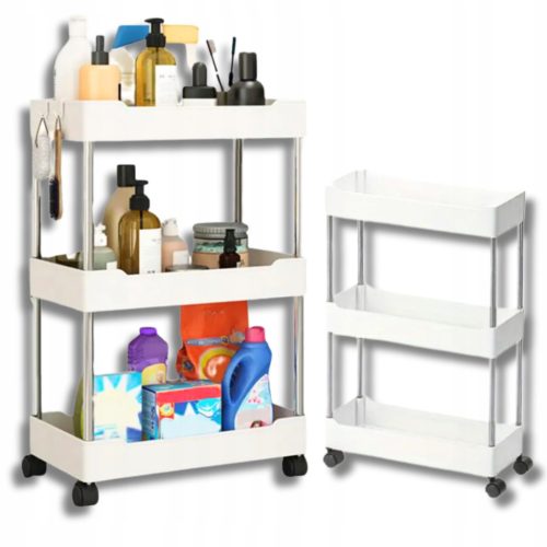  MOBILE SHELF ON WHEELS BATHROOM CART 3 SHELVES WHITE FOR 34.5x19x59.5