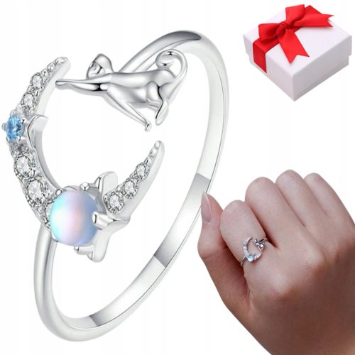  Silver ring MOON CAT moonstone adjustable s925 + box