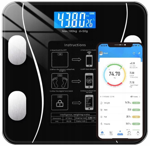 Personal scales (intelligent, analytical and mechanical) SMART Electronic personal scale, analytical glass, 180 kg, Bluetooth BT